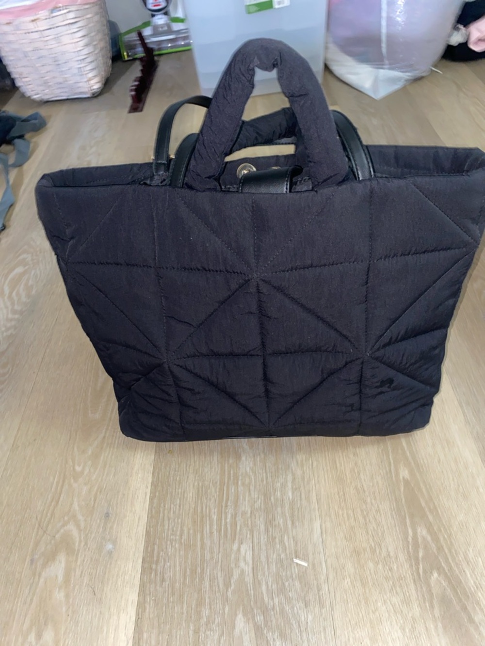 a new day Black Quilted Tote Bag with Padded Top Handles